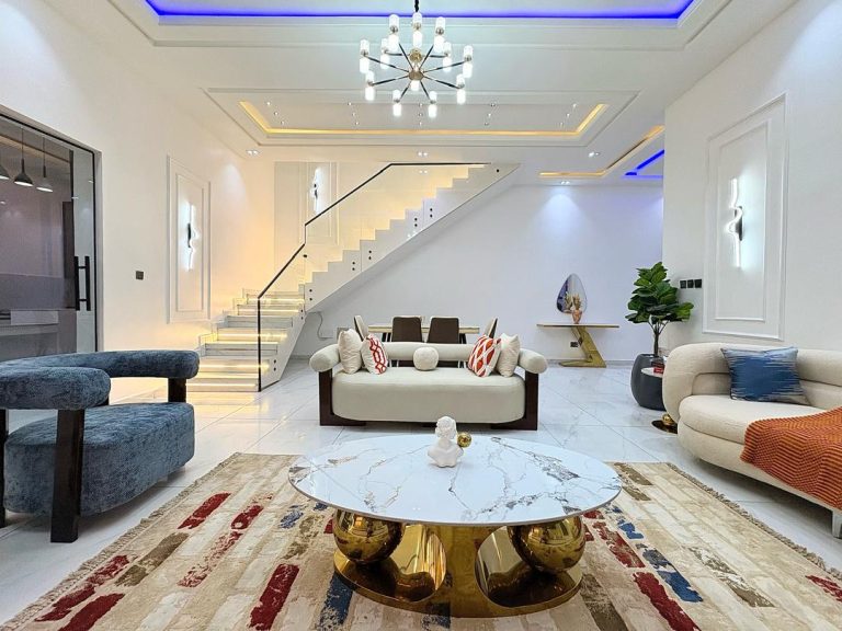 Living room of a furnished short-let apartment photographed wide and in daylight